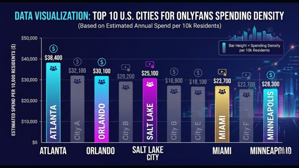 A vibrant digital bar chart visualization showcasing OnlyFans Statistics for the top 10 U.S. cities based on estimated annual spending density per 10,000 residents. The neon-lit graph highlights Atlanta in first place at $38,400, followed by Orlando ($30,100), Salt Lake City ($25,100), Miami ($23,700), and Minneapolis ($28,300), interspersed with anonymous placeholders like "City A" through "City F" against a futuristic dark cityscape background.
