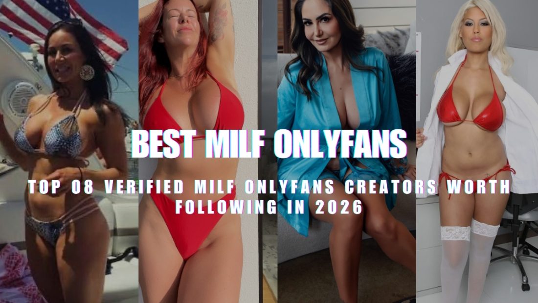 A promotional banner featuring a collage of four different women. From left to right: a brunette woman in a patterned bikini posing on a boat with an American flag in the background; a woman with reddish hair posing outdoors in a bright red bikini with one arm raised; a brunette woman sitting down while wearing a silky blue robe; and a blonde woman wearing a red bikini top, a white lab coat draped over her shoulders, and white thigh-high stockings. Bold, stylized text overlaid across the center reads 'BEST MILF ONLYFANS' in large blue and white letters, with smaller text below reading 'TOP 08 VERIFIED MILF ONLYFANS CREATORS WORTH FOLLOWING IN 2026'.