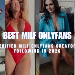 A promotional banner featuring a collage of four different women. From left to right: a brunette woman in a patterned bikini posing on a boat with an American flag in the background; a woman with reddish hair posing outdoors in a bright red bikini with one arm raised; a brunette woman sitting down while wearing a silky blue robe; and a blonde woman wearing a red bikini top, a white lab coat draped over her shoulders, and white thigh-high stockings. Bold, stylized text overlaid across the center reads 'BEST MILF ONLYFANS' in large blue and white letters, with smaller text below reading 'TOP 08 VERIFIED MILF ONLYFANS CREATORS WORTH FOLLOWING IN 2026'.
