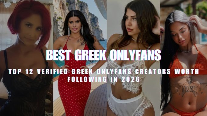A banner collage featuring four female Greek OnlyFans creators with text overlay reading "BEST GREEEK ONLYFANS" and "TOP 12 VERIFIED GREEK ONLYFANS CREATORS WORTH FOLLOWING IN 2026."