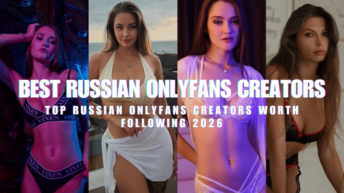 A horizontal banner collage featuring four popular Russian content creators side-by-side with bold superimposed text that reads, "BEST RUSSIAN ONLYFANS CREATORS" and "TOP RUSSIAN ONLYFANS CREATORS WORTH FOLLOWING 2026". From left to right: Sonya Blaze posing in a dark room under purple neon light wearing a branded black lingerie set; Marina Nabokina standing on a coastal rooftop balcony in a cream bikini top and white sarong wrap; Sonya Blaze in a white lace lingerie set and sheer matching robe under soft studio lighting; and Daria Shy leaning forward in a black and red polka dot lingerie set.