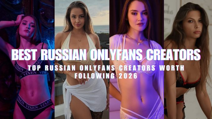 A horizontal banner collage featuring four popular Russian content creators side-by-side with bold superimposed text that reads, "BEST RUSSIAN ONLYFANS CREATORS" and "TOP RUSSIAN ONLYFANS CREATORS WORTH FOLLOWING 2026". From left to right: Sonya Blaze posing in a dark room under purple neon light wearing a branded black lingerie set; Marina Nabokina standing on a coastal rooftop balcony in a cream bikini top and white sarong wrap; Sonya Blaze in a white lace lingerie set and sheer matching robe under soft studio lighting; and Daria Shy leaning forward in a black and red polka dot lingerie set.