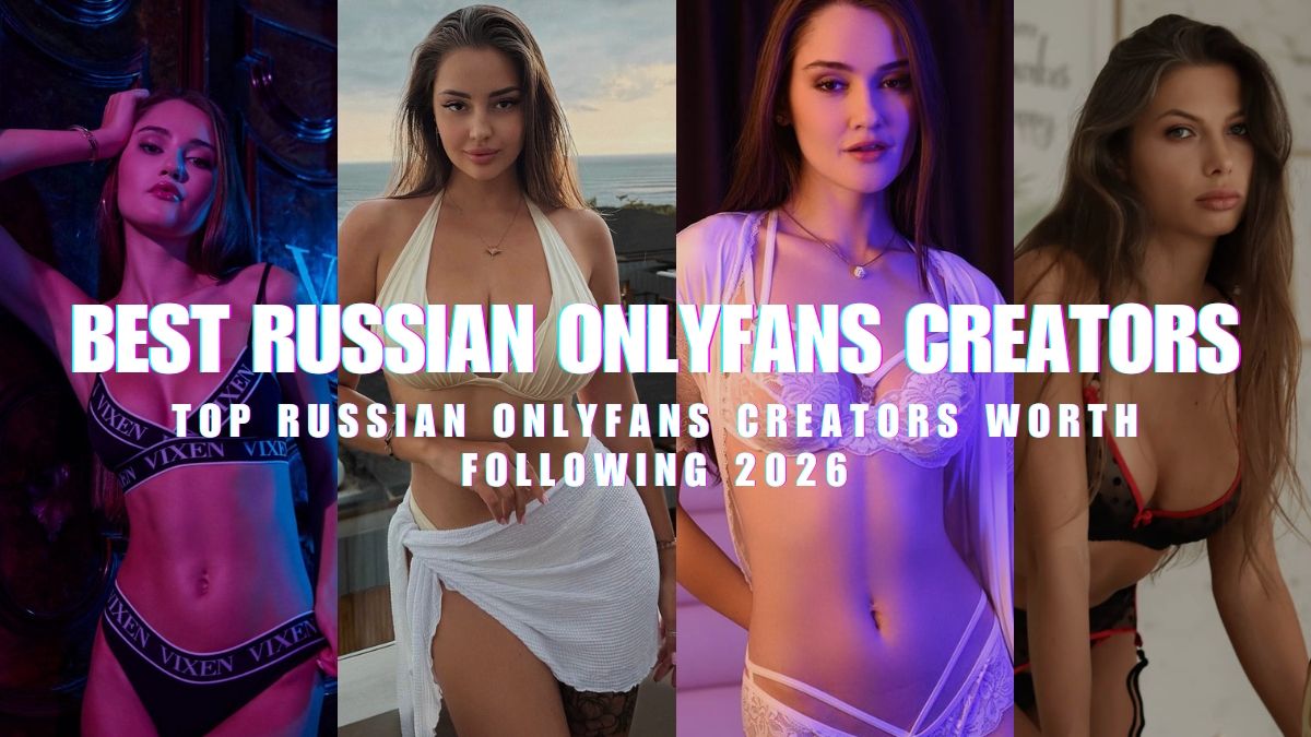 A horizontal banner collage featuring four popular Russian content creators side-by-side with bold superimposed text that reads, "BEST RUSSIAN ONLYFANS CREATORS" and "TOP RUSSIAN ONLYFANS CREATORS WORTH FOLLOWING 2026". From left to right: Sonya Blaze posing in a dark room under purple neon light wearing a branded black lingerie set; Marina Nabokina standing on a coastal rooftop balcony in a cream bikini top and white sarong wrap; Sonya Blaze in a white lace lingerie set and sheer matching robe under soft studio lighting; and Daria Shy leaning forward in a black and red polka dot lingerie set.