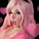 Pop-art styled portrait of Belle Delphine OnlyFans content creator with bright pink hair, cat ears, and her mouth open in a signature expression, surrounded by a black background with glowing pink hearts.