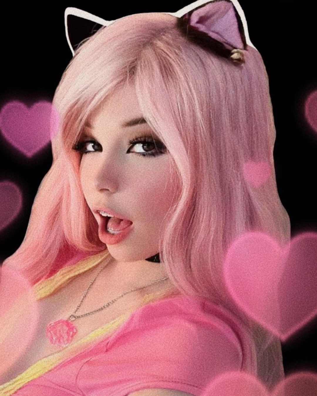 Pop-art styled portrait of Belle Delphine OnlyFans content creator with bright pink hair, cat ears, and her mouth open in a signature expression, surrounded by a black background with glowing pink hearts.