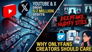 An infographic graphic featuring YouTube and X logos with text highlighting how social platforms drove 5.7 million visits to deepfake nudify sites and why OnlyFans creators should care.