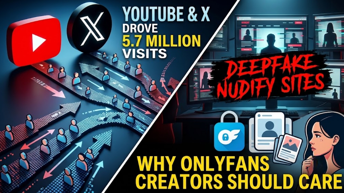 An infographic graphic featuring YouTube and X logos with text highlighting how social platforms drove 5.7 million visits to deepfake nudify sites and why OnlyFans creators should care.