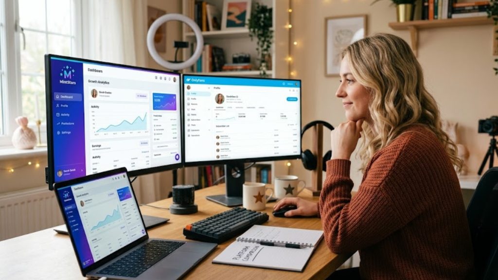 A creator sitting at a desk comparing analytical dashboards on dual monitors displaying the MintStars platform alongside OnlyFans.
