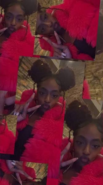 Nigerian OnlyFans model Nigerian Gypsy featured in a photo collage wearing a bright red fluffy fur coat and space buns.