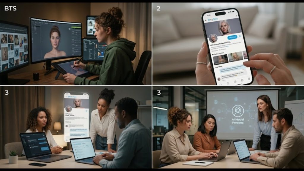 Four-panel grid showing digital artist workflow, smartphone app preview, team meeting, and presentation about Onlyfans AI Content Rules for virtual personas.