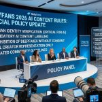 Policy panel presentation outlining the official Onlyfans AI Content Rules, including human identity verification, mandatory labeling, and deepfake prohibitions.