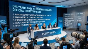 Policy panel presentation outlining the official Onlyfans AI Content Rules, including human identity verification, mandatory labeling, and deepfake prohibitions.