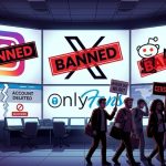 Graphic illustration depicting an OnlyFans Ban crackdown across social media platforms including Instagram, X, and Reddit, showing creators protesting with signs.
