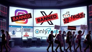 Graphic illustration depicting an OnlyFans Ban crackdown across social media platforms including Instagram, X, and Reddit, showing creators protesting with signs.