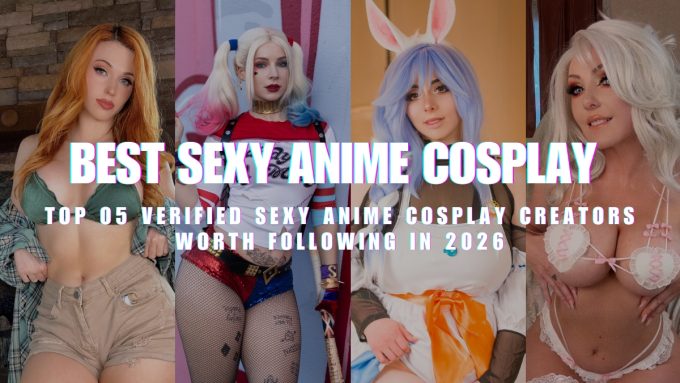A collage featuring popular creators including Amouranth, Enji Night, Mariah Mallad, and Jessica Nigri showcasing Sexy Anime Cosplay