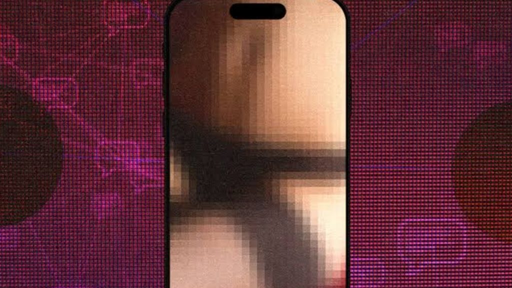 A pixelated image on a smartphone screen set against a dark grid background, representing content moderation concerns and the spread of non-consensual imagery on deepfake nudify sites.