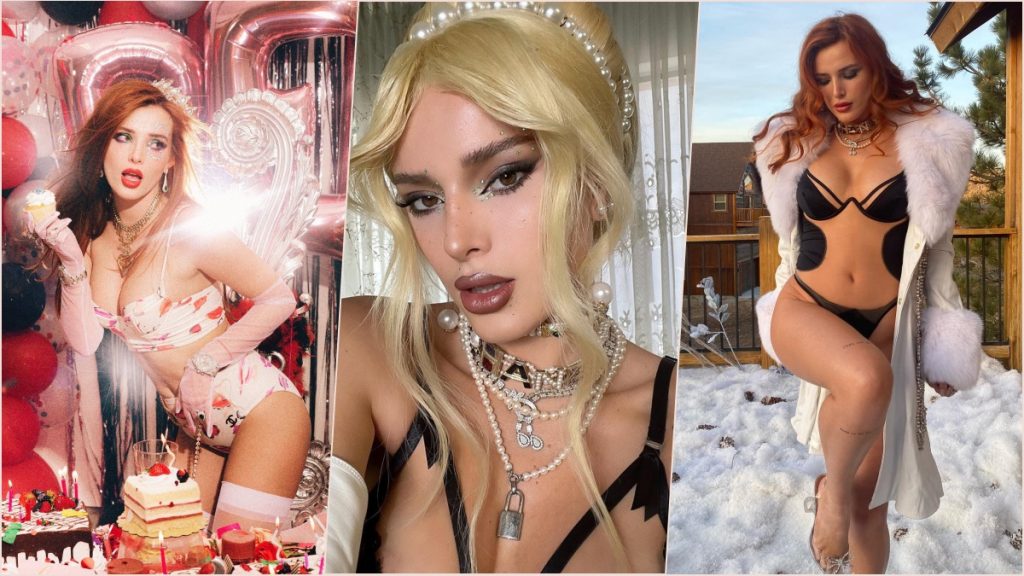A collage of three images showing Bella Thorne in various glamorous and festive outfits, highlighting her OnlyFans content style.