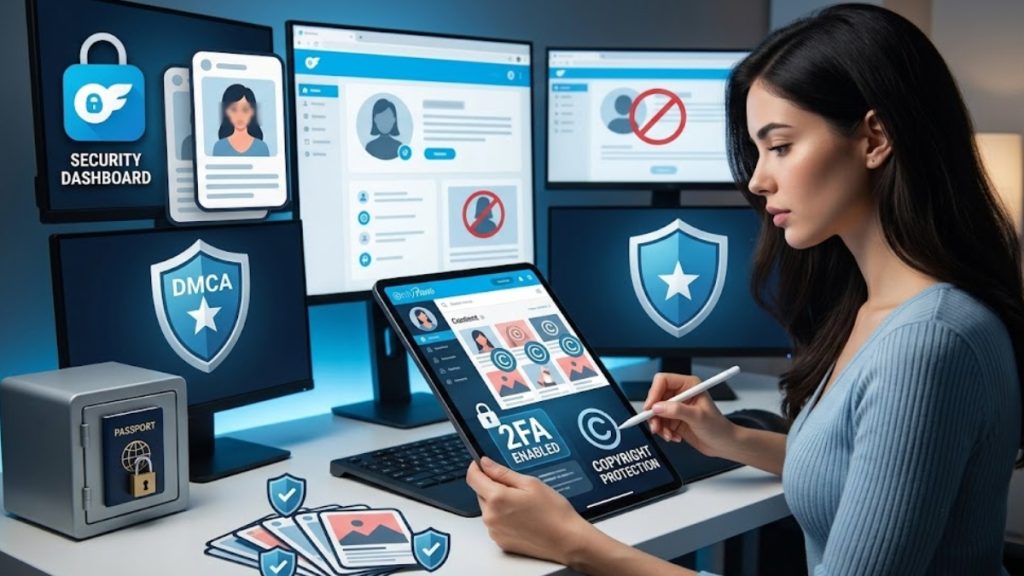 A woman working at a desk surrounded by security dashboards, copyright badges, and DMCA shields, illustrating privacy measures used by content creators to protect their images against unauthorized use by deepfake nudify sites.
