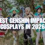 Four cosplayers showcasing the best Genshin Impact cosplay designs with Noelle, Sucrose, Albedo, and Venti featured graphics.