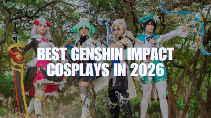 Four cosplayers showcasing the best Genshin Impact cosplay designs with Noelle, Sucrose, Albedo, and Venti featured graphics.
