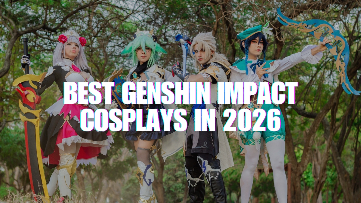 Four cosplayers showcasing the best Genshin Impact cosplay designs with Noelle, Sucrose, Albedo, and Venti featured graphics.