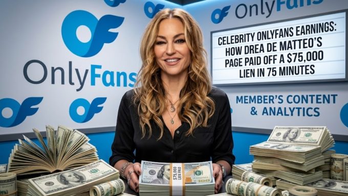 Drea de Matteo seated behind stacks of cash next to an OnlyFans display, illustrating earnings from her Drea De Matteo OnlyFans account.