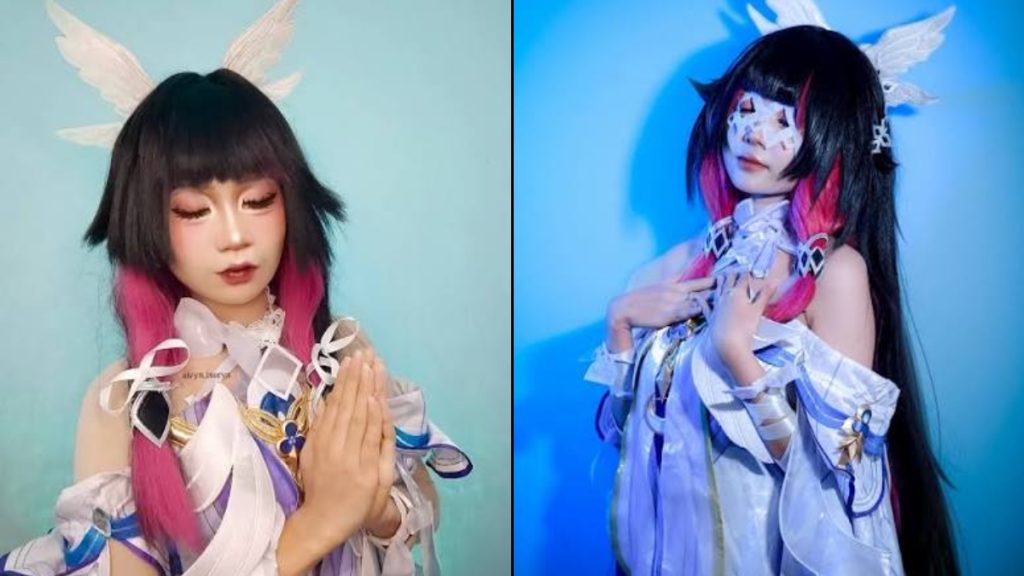 Columbina cosplayer featuring intricate headpiece details and white-and-purple attire in a best Genshin Impact cosplay showcase.