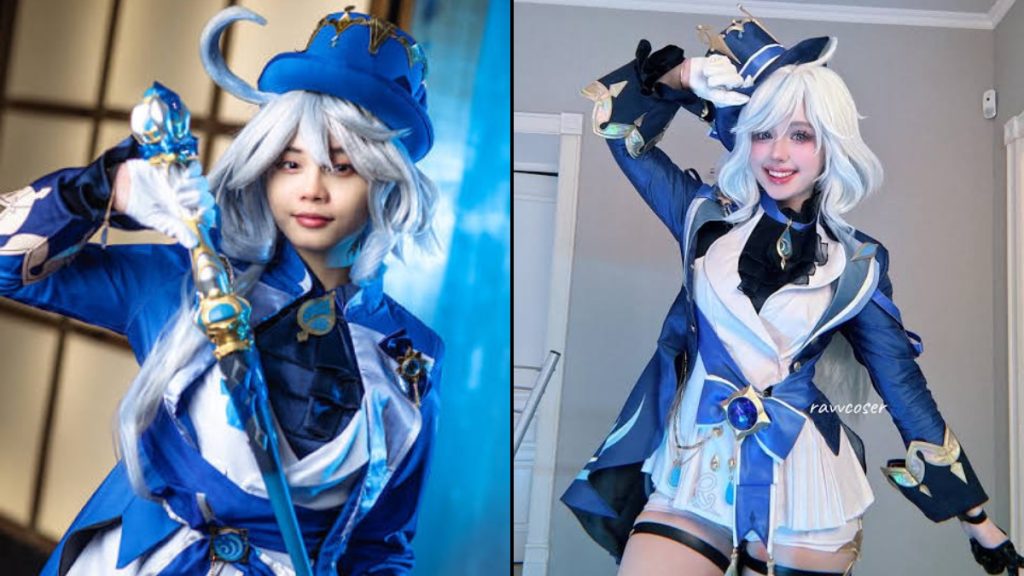 Side-by-side photo comparison of a Furina cosplayer in blue Fontaine attire for a best Genshin Impact cosplay example.