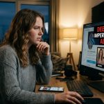 A concerned woman sitting at her desk looking at a computer screen displaying a "Deepfake Impersonator Alert" notice with side-by-side original vs. AI-manipulated photos.