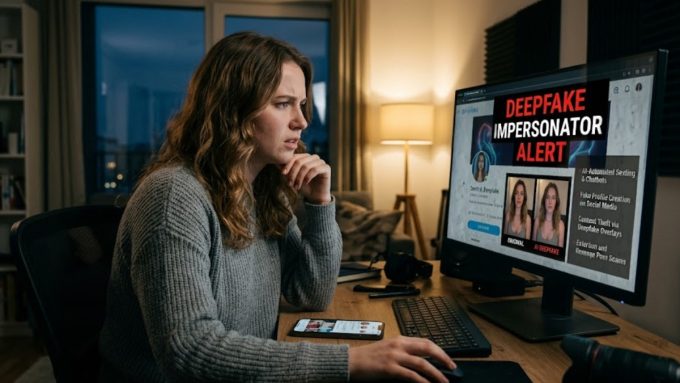 A concerned woman sitting at her desk looking at a computer screen displaying a "Deepfake Impersonator Alert" notice with side-by-side original vs. AI-manipulated photos.