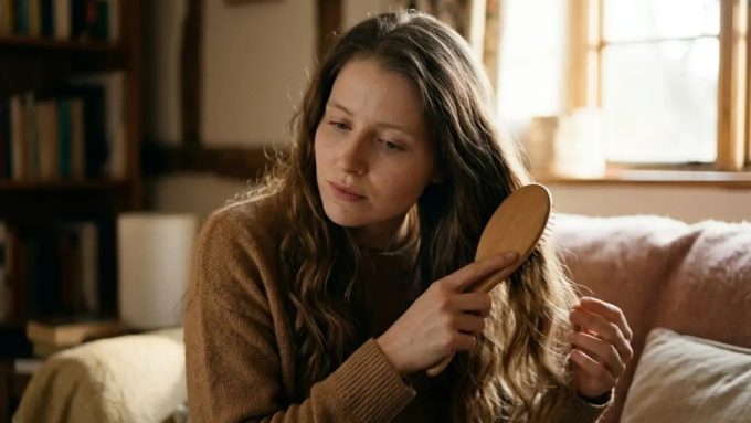 Jessie Cave from the Harry Potter film series wearing a cozy sweater and using a wooden hairbrush at home.