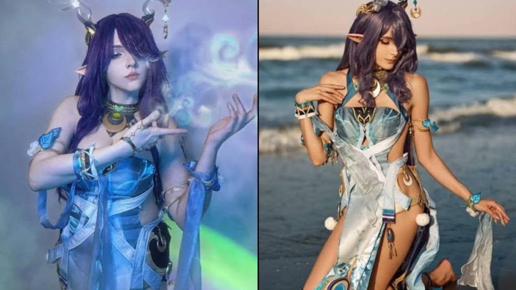 Detailed Lauma cosplay with flowing blue and white robes, showcasing the best Genshin Impact cosplay aesthetics.