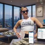 A woman wearing sunglasses holding cash next to a laptop displaying an earnings chart, illustrating the Megan Prescott OnlyFans revenue story