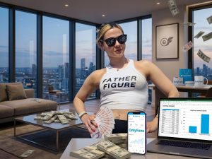 A woman wearing sunglasses holding cash next to a laptop displaying an earnings chart, illustrating the Megan Prescott OnlyFans revenue story