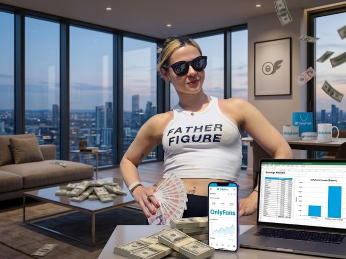 A woman wearing sunglasses holding cash next to a laptop displaying an earnings chart, illustrating the Megan Prescott OnlyFans revenue story