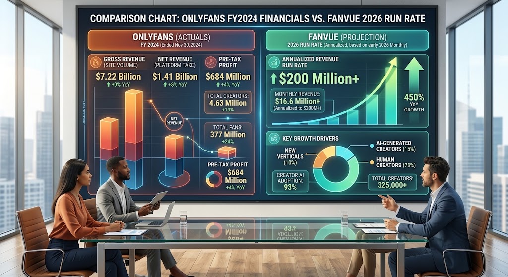 A boardroom presentation comparing financial charts and growth metrics for traditional platforms alongside AI OnlyFans platform models like Fanvue