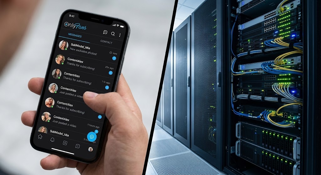 A hand holding a smartphone displaying the OnlyFans messaging interface next to a rack of server equipment, representing AI OnlyFans chat automation and backend infrastructure