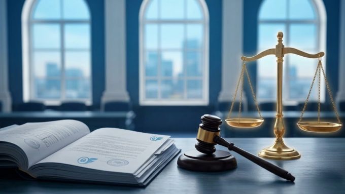 A gavel, scales of justice, and open law book displaying the platform logo in a courtroom setting, representing the OnlyFans Lawsuit 2026 referral case.
