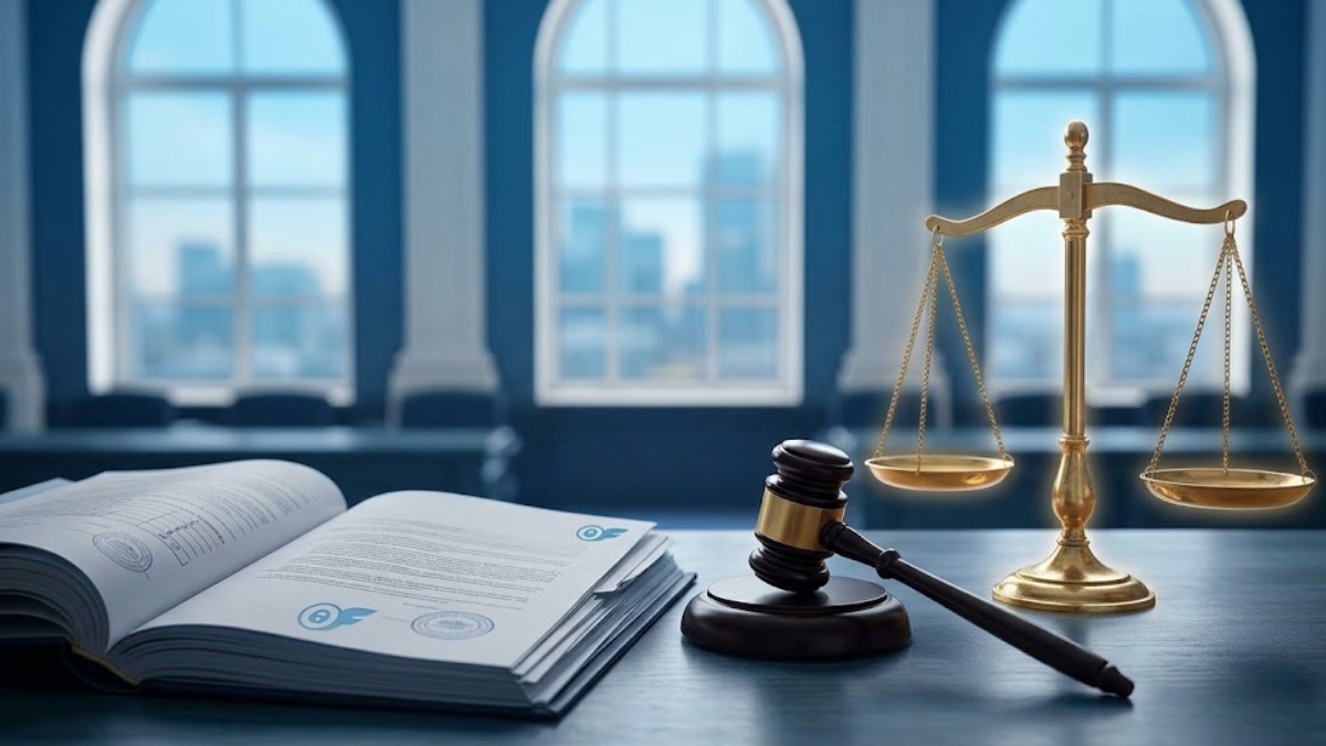 A gavel, scales of justice, and open law book displaying the platform logo in a courtroom setting, representing the OnlyFans Lawsuit 2026 referral case.