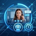 Futuristic digital interface showing code snippets and a live video stream of a smiling woman wearing a headset, illustrating upcoming OnlyFans video calls feature.