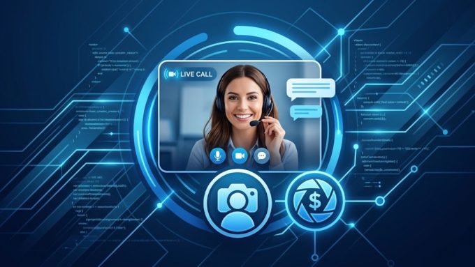 Futuristic digital interface showing code snippets and a live video stream of a smiling woman wearing a headset, illustrating upcoming OnlyFans video calls feature.