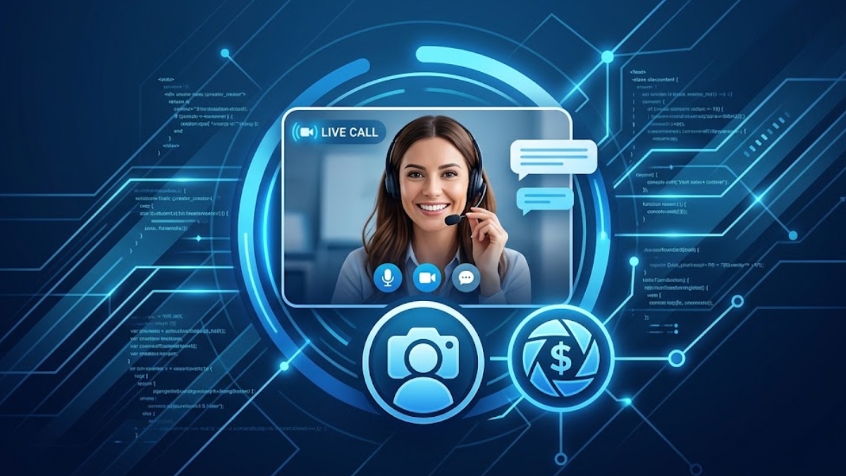 Futuristic digital interface showing code snippets and a live video stream of a smiling woman wearing a headset, illustrating upcoming OnlyFans video calls feature.