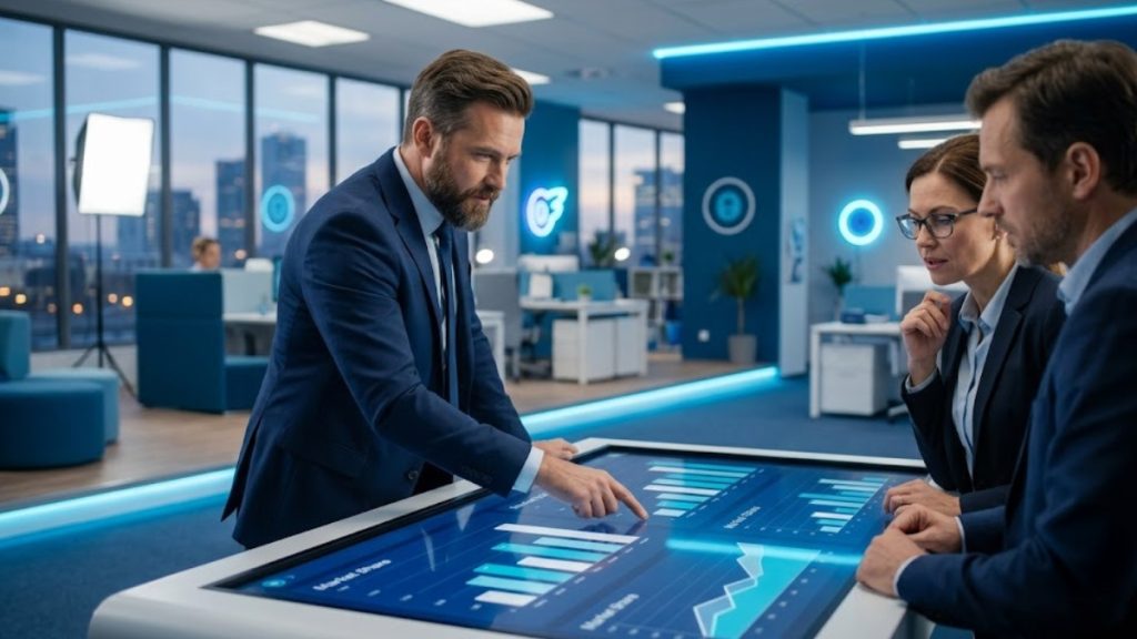 Business professionals reviewing digital market share charts comparing OnlyFans Revenue against competitor platforms like Subs.com, Fansly, and FanVue