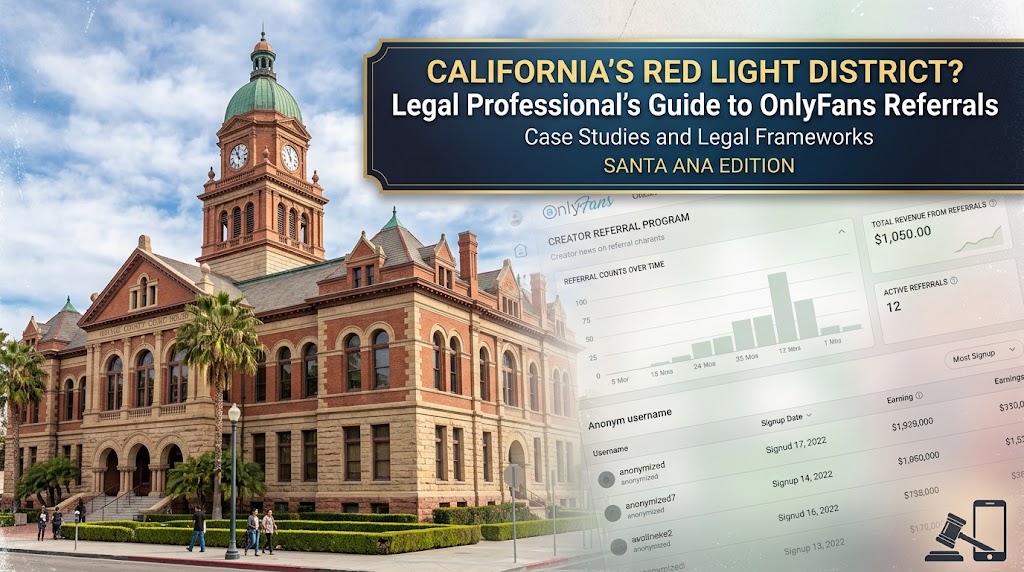Graphic featuring an historic courthouse alongside an OnlyFans referral earnings dashboard outlining details of the OnlyFans Lawsuit 2026.