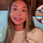 Content creator Sophie Rain during an interview discussing her pledge for Sophie Rain Teacher Wish Lists, featuring a red circular inset of a man with glasses.