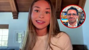 Content creator Sophie Rain during an interview discussing her pledge for Sophie Rain Teacher Wish Lists, featuring a red circular inset of a man with glasses.
