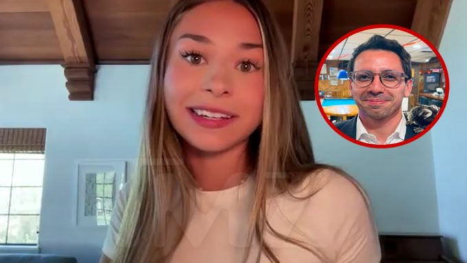 Content creator Sophie Rain during an interview discussing her pledge for Sophie Rain Teacher Wish Lists, featuring a red circular inset of a man with glasses.