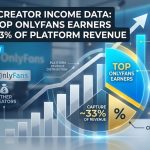 Infographic displaying creator income data, showing how Top OnlyFans Earners capture approximately 33% of platform revenue alongside a pie chart and growth graph.