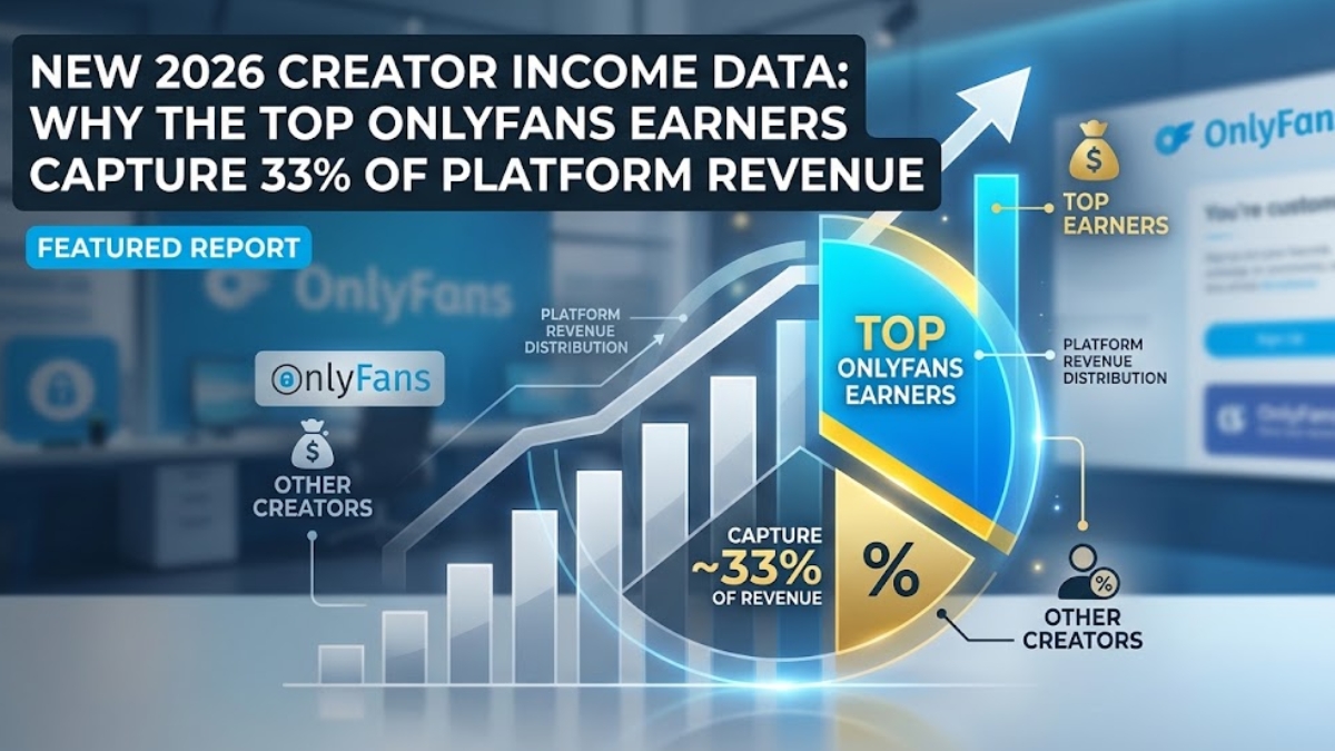 Infographic displaying creator income data, showing how Top OnlyFans Earners capture approximately 33% of platform revenue alongside a pie chart and growth graph.
