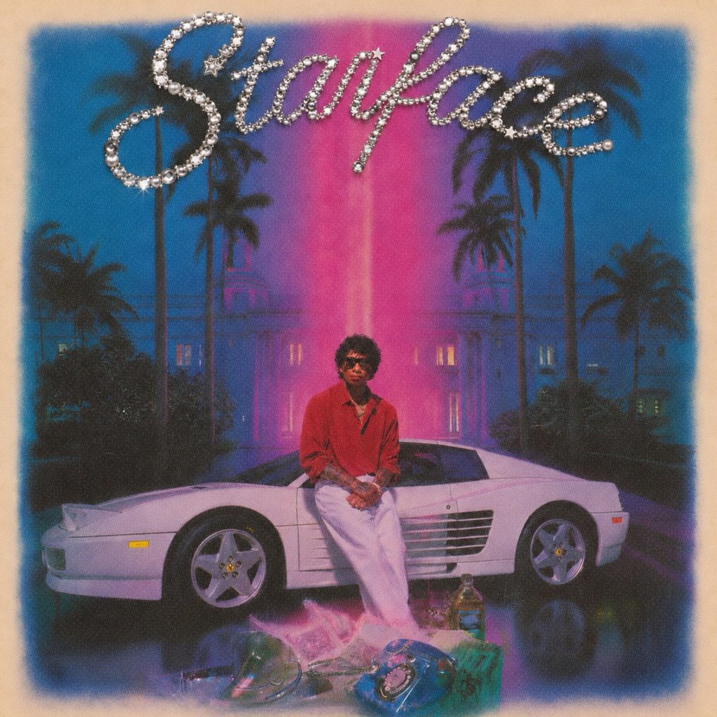 Tyga Rapper leaning against a white sports car in front of a palm tree estate under a retro "Starface" graphic.